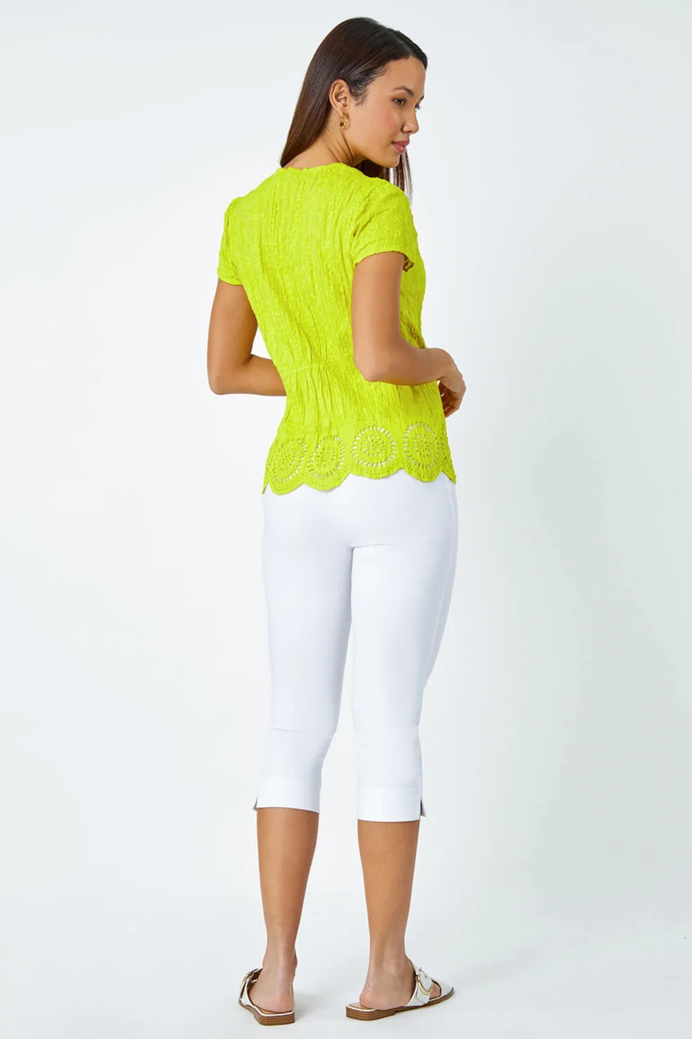 Roman Lime Cotton Embroidered V-Neck Crinkle Blouse - 10 Image 3