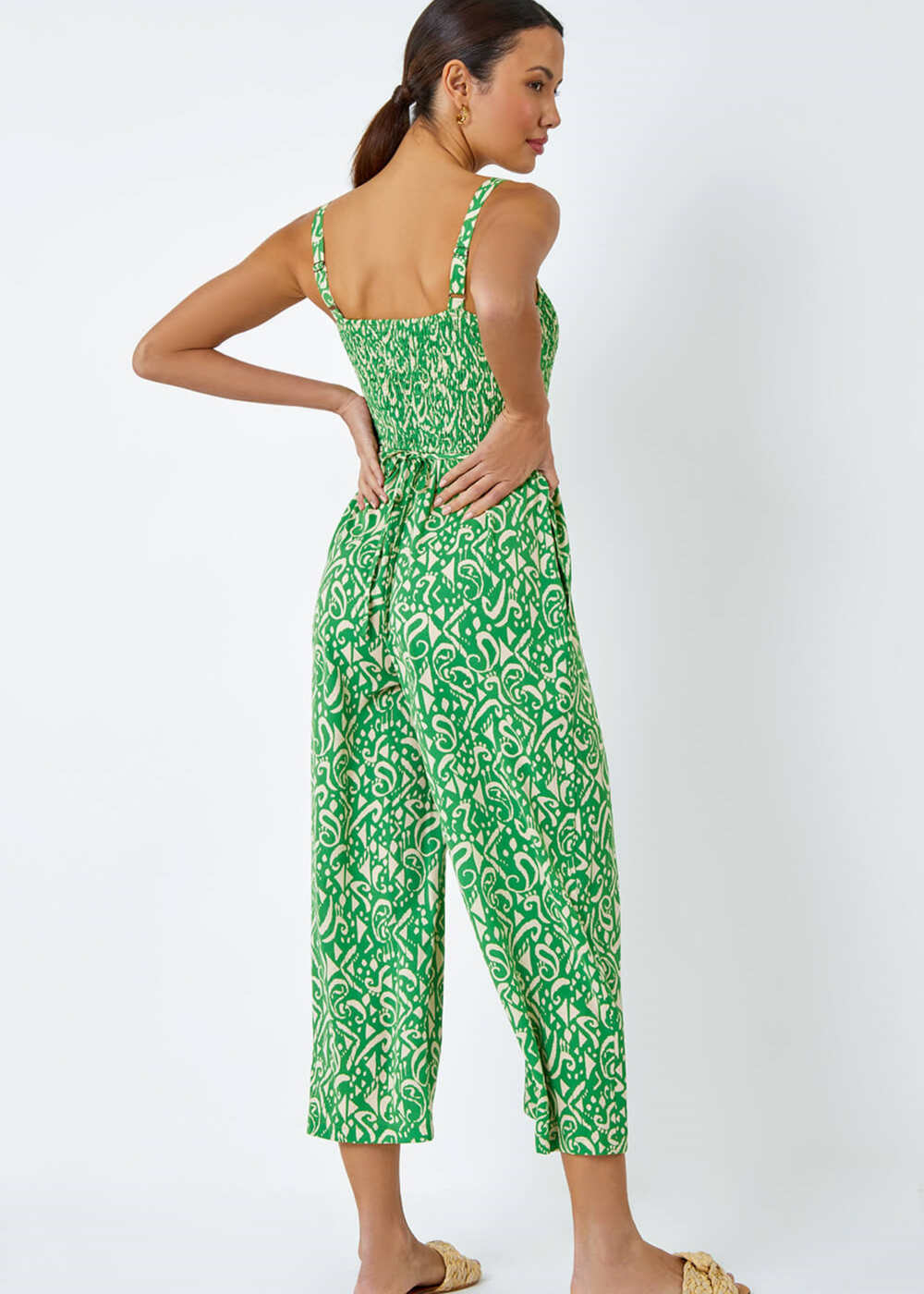 Roman Green Aztec Print Crop Shirred Jumpsuit - Size 18 Image 2