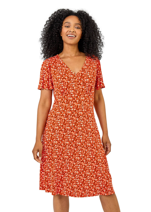 Roman Red Petite Floral Print Stretch Jersey Dress - 6 Image 1