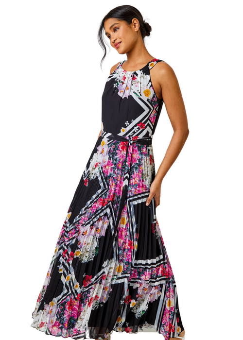 Roman Black Floral Border Print Pleated Maxi Dress - 22 Image 1