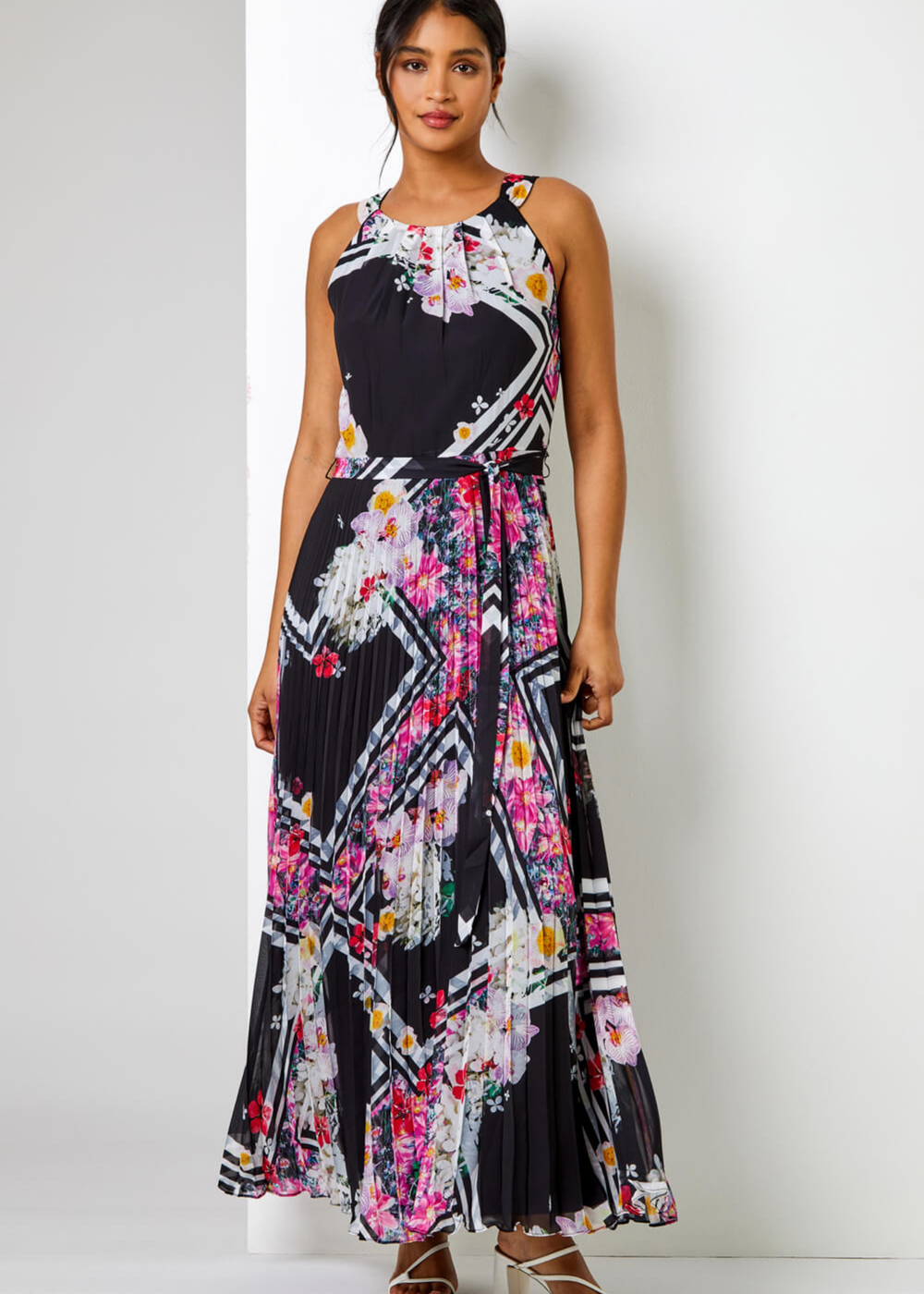 Roman Black Floral Border Print Pleated Maxi Dress - 22 Image 3