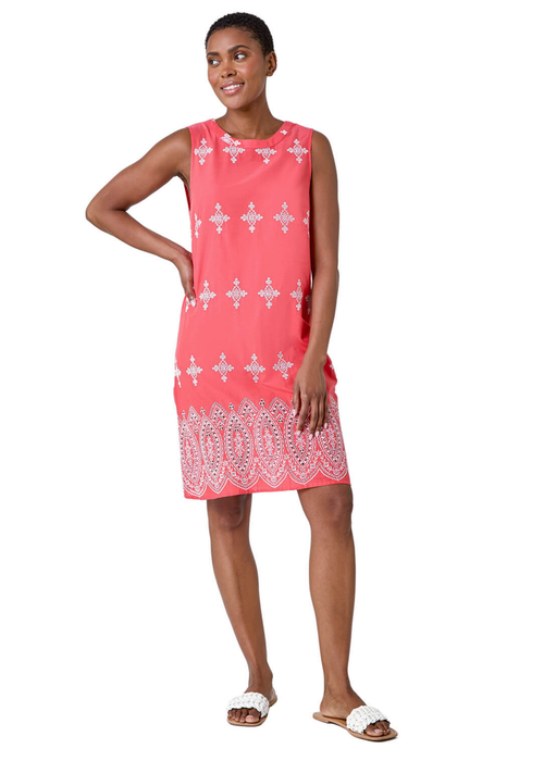 Roman Coral Broderie Contrast Hem Cotton Shift Dress - 18 Image 3