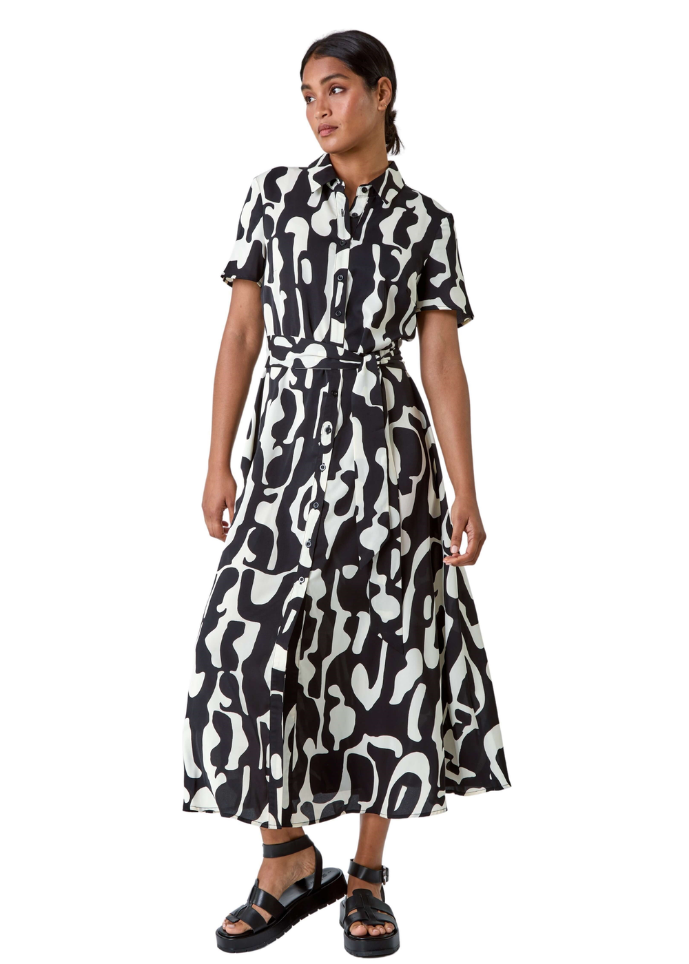 Roman Black Abstract Print Fit & Flare Shirt Dress - 24 Image 3