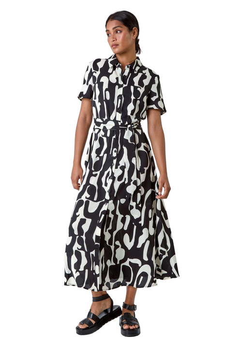 Roman Black Abstract Print Fit & Flare Shirt Dress - 24 Image 3