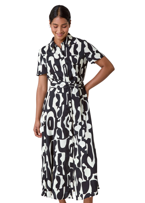 Roman Black Abstract Print Fit & Flare Shirt Dress - 24 Image 1