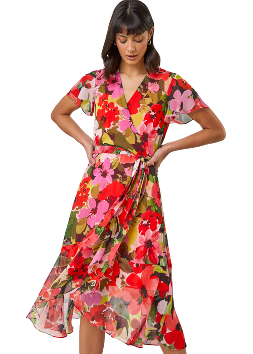 Roman Red Floral Print Asymmetric Midi Wrap Dress - 10 Image 1
