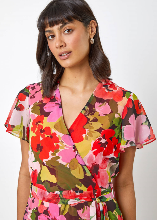 Roman Red Floral Print Asymmetric Midi Wrap Dress - 10 Image 4