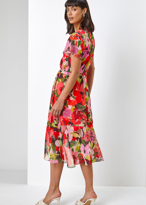 Roman Red Floral Print Asymmetric Midi Wrap Dress - 10 Image 2