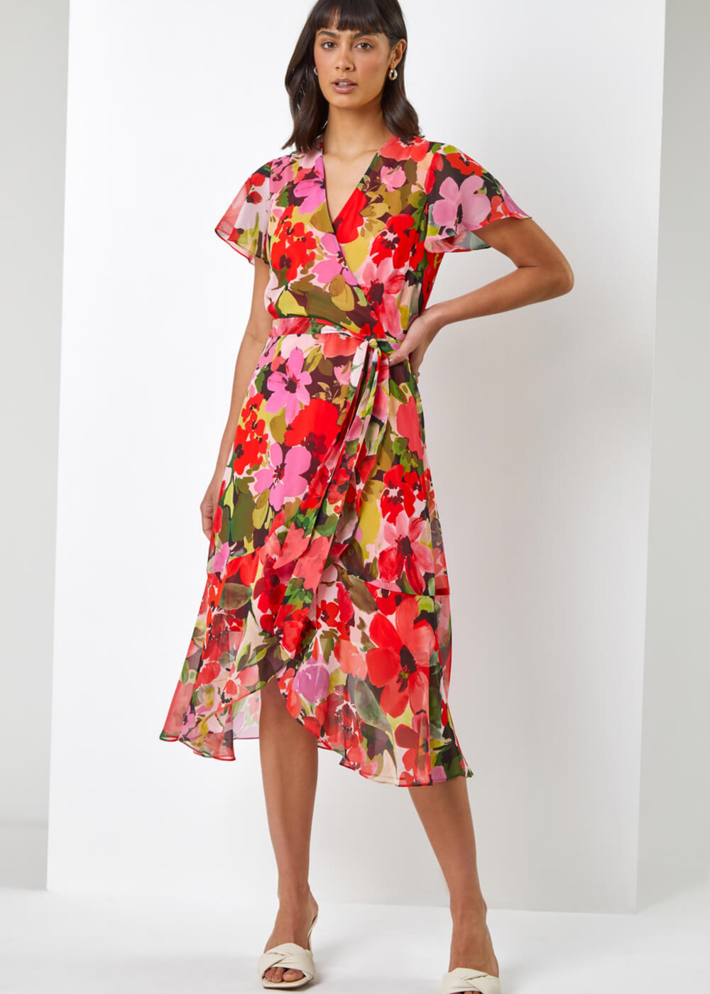 Roman Red Floral Print Asymmetric Midi Wrap Dress - 10 Image 3