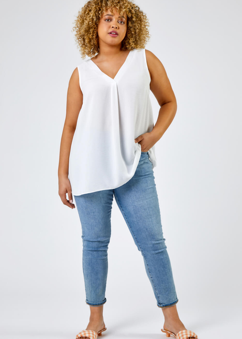 Roman White Curve V-Neck Pleat Tank Top - 16 Image 3