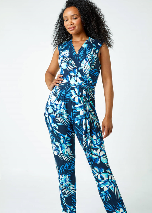 Roman Blue Petite Tropical Print Tie Waist Jersey Jumpsuit - Size 12 Image 2