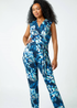 Roman Blue Petite Tropical Print Tie Waist Jersey Jumpsuit - Size 12 Image 2