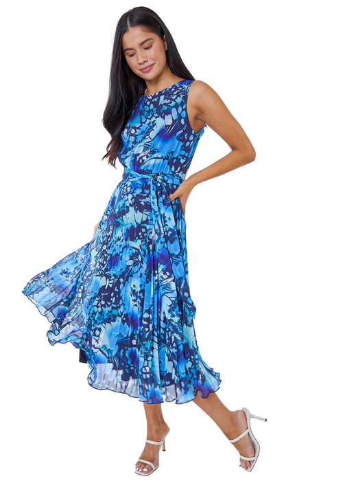 Roman Blue Petite Abstract Print Pleated Dress - 24 Image 1