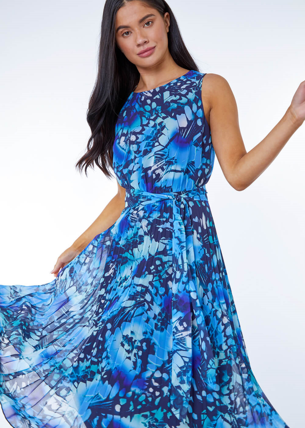 Roman Blue Petite Abstract Print Pleated Dress - 24 Image 3