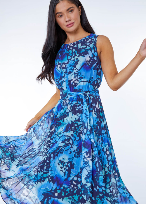 Roman Blue Petite Abstract Print Pleated Dress - 24 Image 3