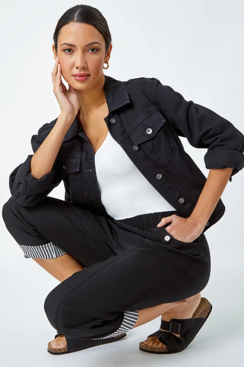 Roman Black Contrast Detail Cropped Stretch Trousers - 10 Image 3