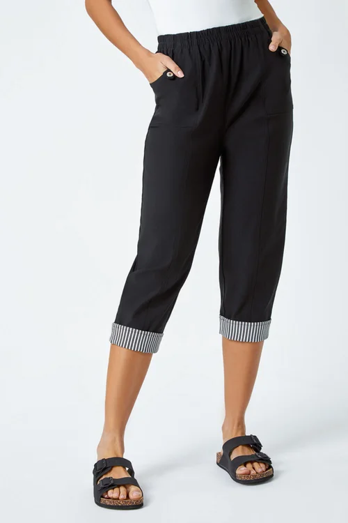 Roman Black Contrast Detail Cropped Stretch Trousers - 10 Image 1