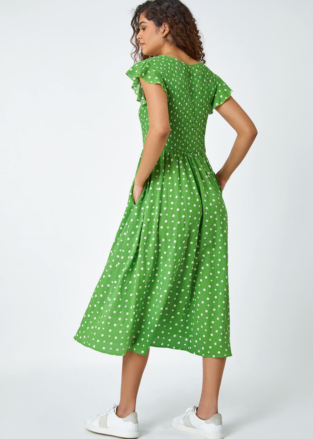 Roman Green Frill Sleeve Spot Shirred Midi Dress - 10 Image 2
