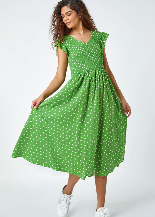 Roman Green Frill Sleeve Spot Shirred Midi Dress - 10 Image 1