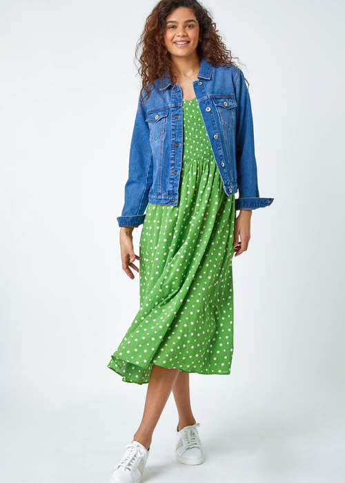 Roman Green Frill Sleeve Spot Shirred Midi Dress - 10 Image 3