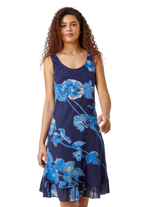 Roman Navy Floral Print Cotton Layered Dress - 18 Image 3