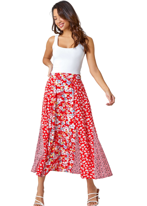 Roman Red Ditsy Floral Print A Line Midi Skirt - Size 14 Image 1