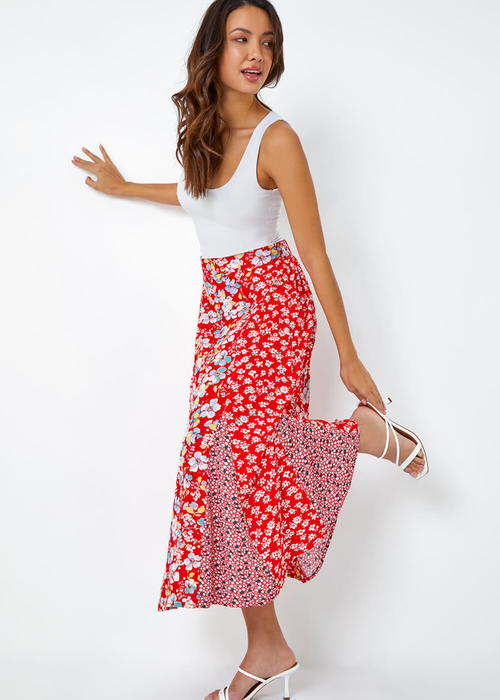 Roman Red Ditsy Floral Print A Line Midi Skirt - Size 14 Image 4