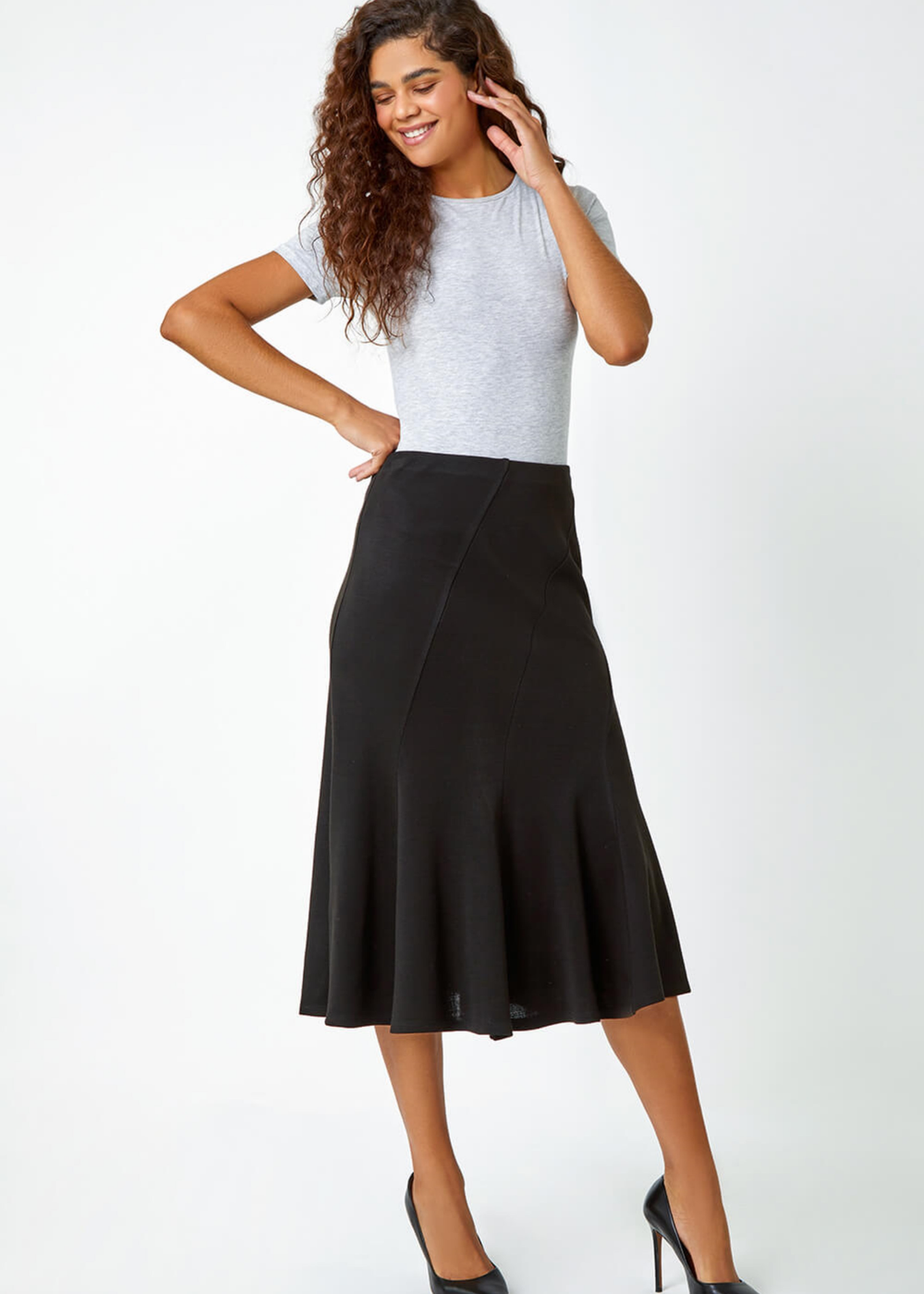 Roman Black Elastic Waist Panelled A Line Flared Midi Skirt - Size 10 Image 4