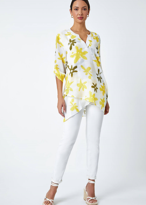 Roman Yellow Floral Print Wrap Hem V-Neck Tunic Top - Size 24 Image 3