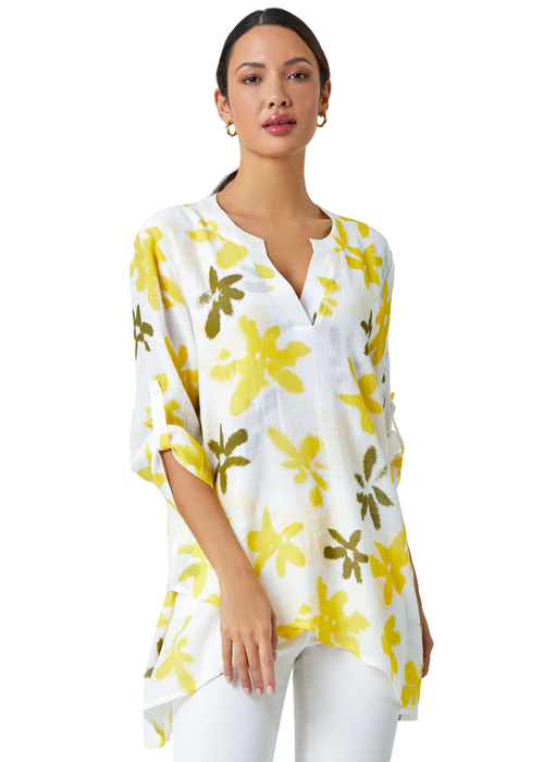 Roman Yellow Floral Print Wrap Hem V-Neck Tunic Top - Size 24 Image 1