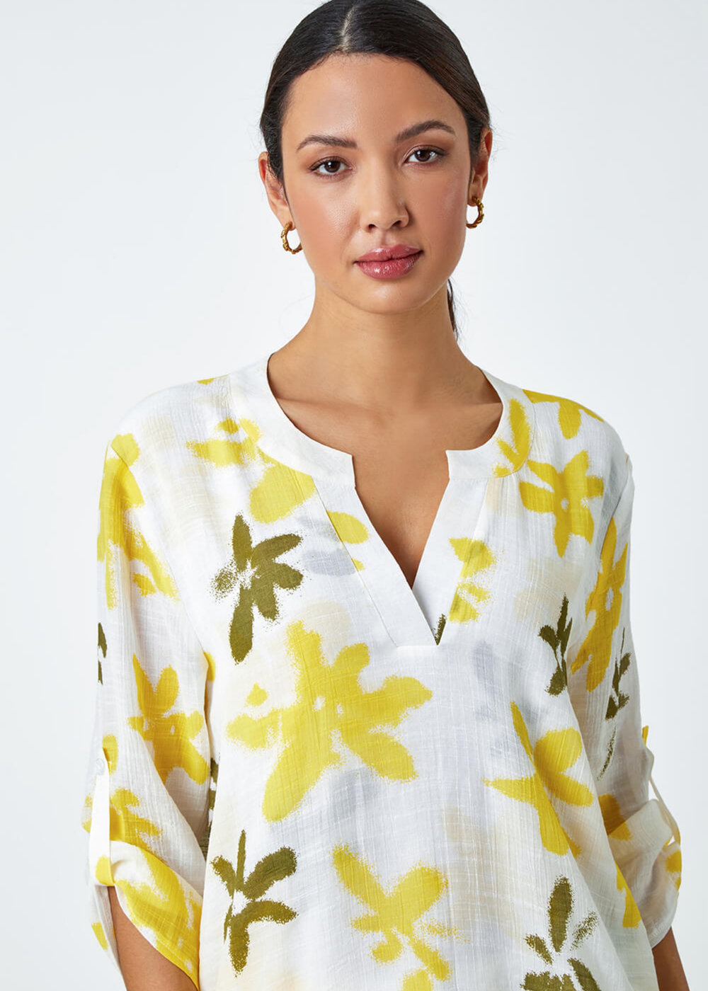 Roman Yellow Floral Print Wrap Hem V-Neck Tunic Top - Size 24 Image 4