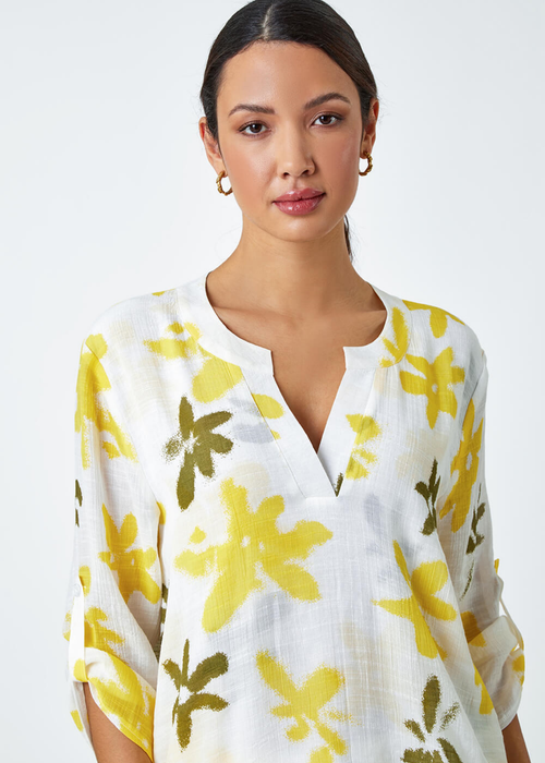 Roman Yellow Floral Print Wrap Hem V-Neck Tunic Top - Size 24 Image 4