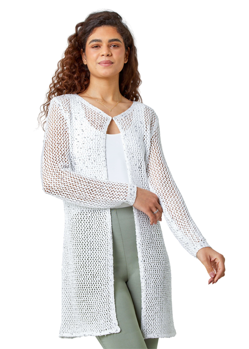 Roman White Sequin Knit Longline Cardigan - 10 Image 1