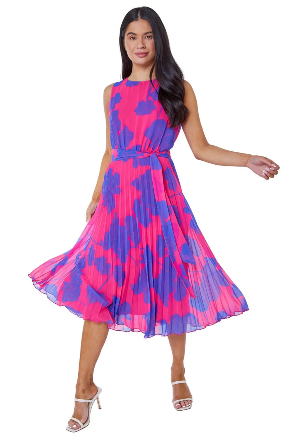 Roman Pink Petite Linear Floral Print Pleated Dress - 24 Image 1
