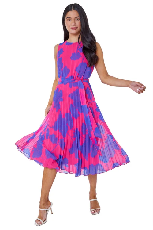 Roman Pink Petite Linear Floral Print Pleated Dress - 24 Image 1
