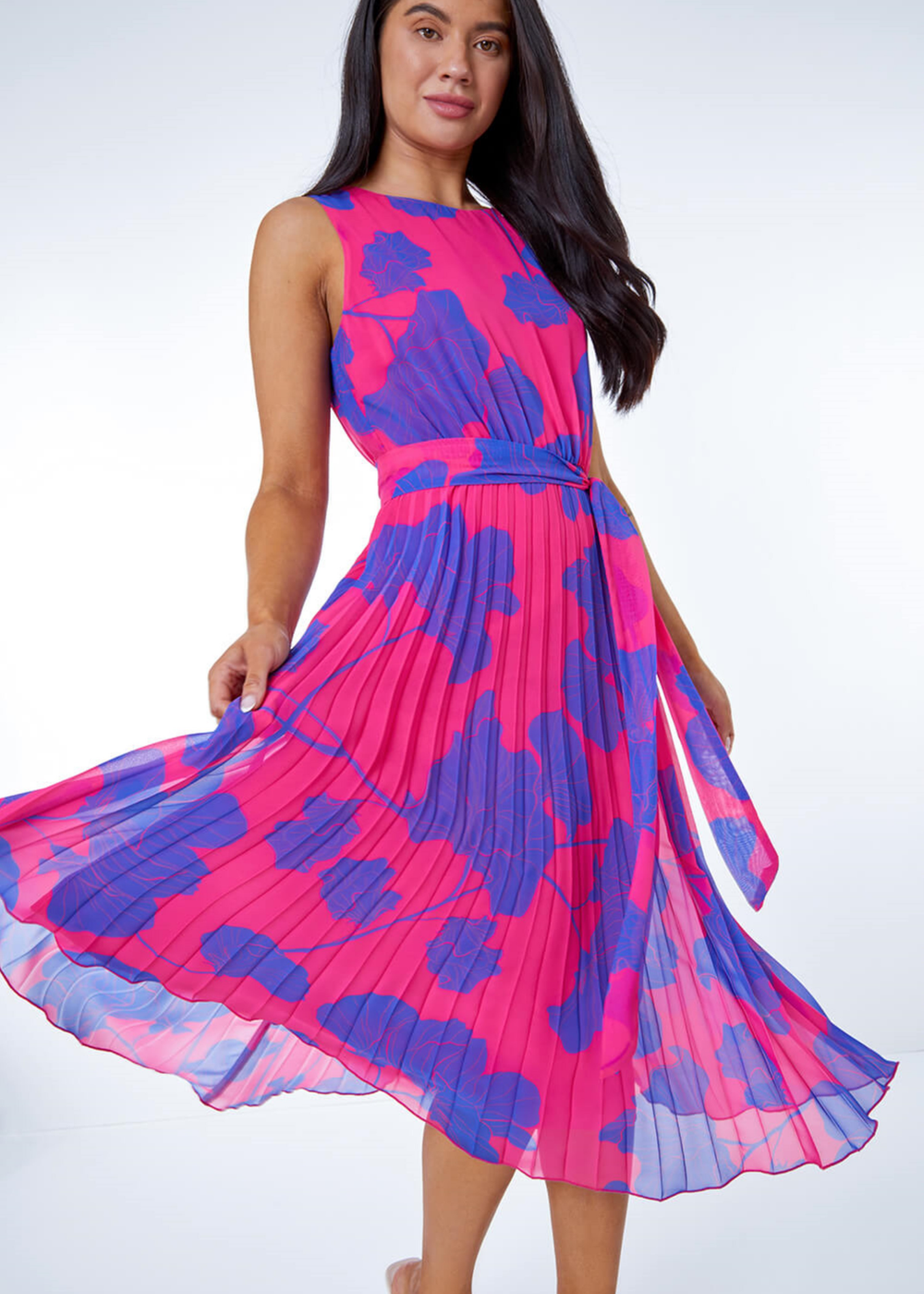 Roman Pink Petite Linear Floral Print Pleated Dress - 24 Image 3