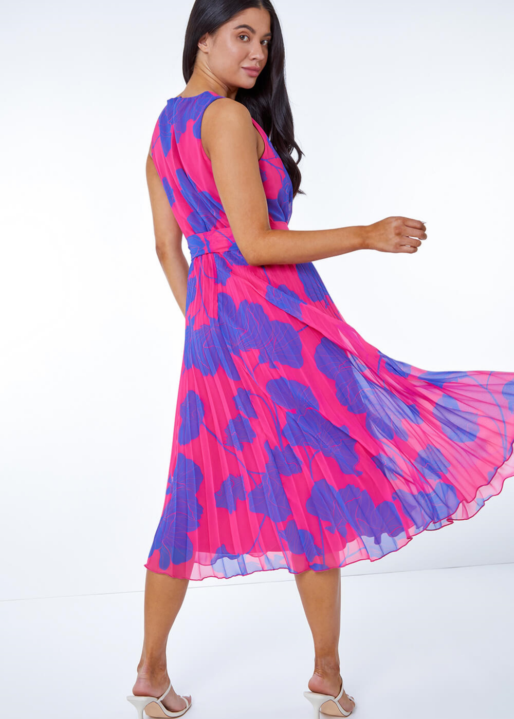 Roman Pink Petite Linear Floral Print Pleated Dress - 24 Image 2