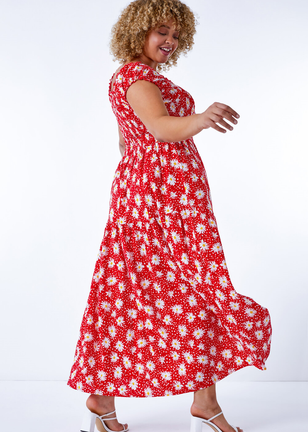 Roman Red Curve Floral Shirred Bardot Dress - 34-36 Image 2