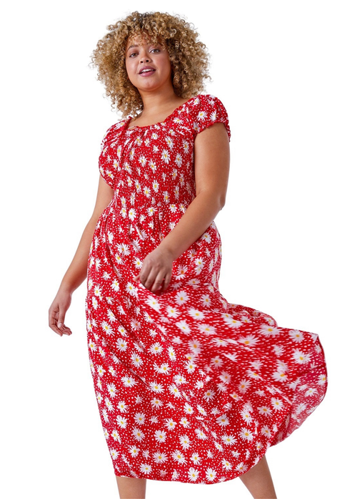 Roman Red Curve Floral Shirred Bardot Dress - 34-36 Image 1