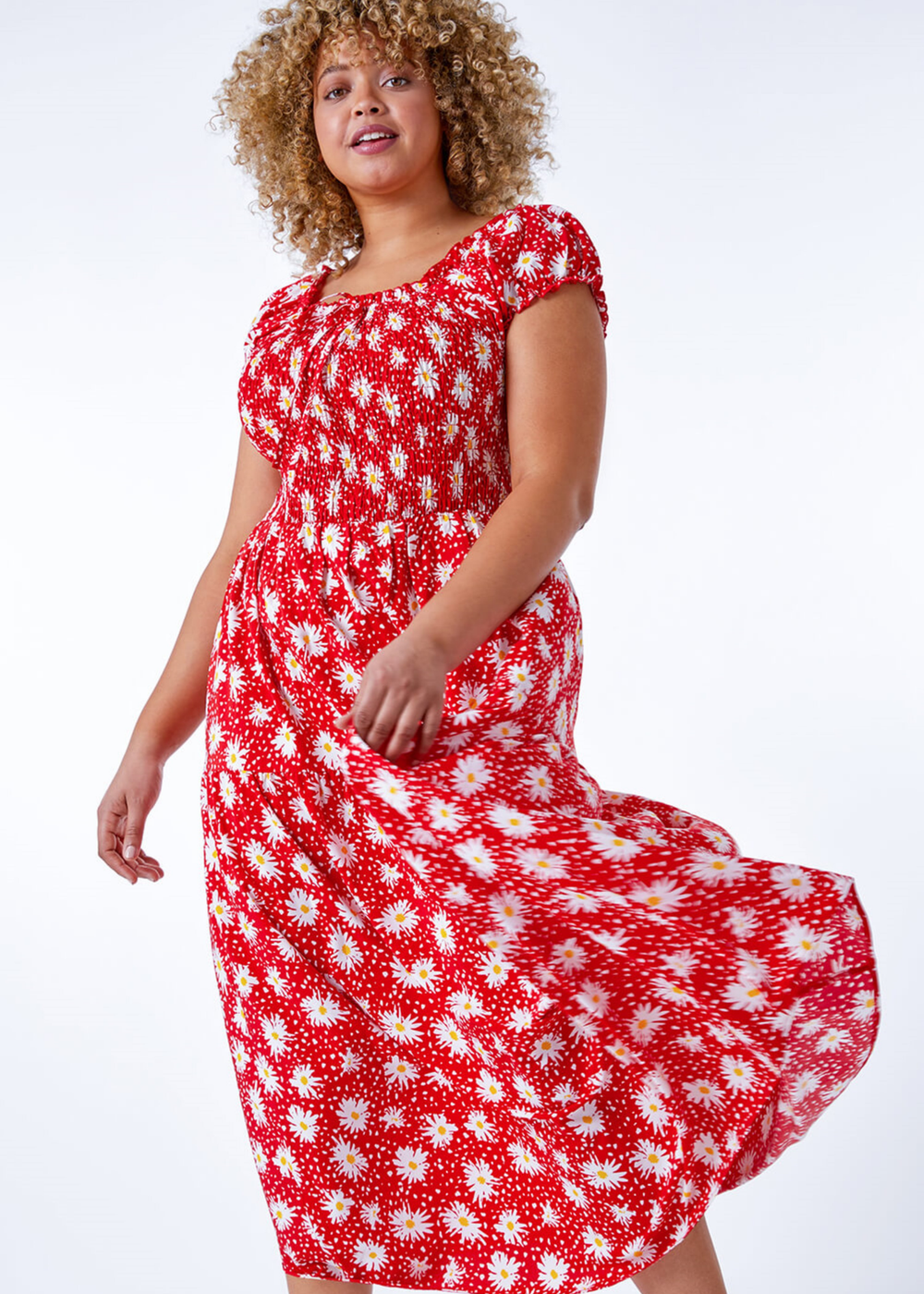 Roman Red Curve Floral Shirred Bardot Dress - 34-36 Image 4