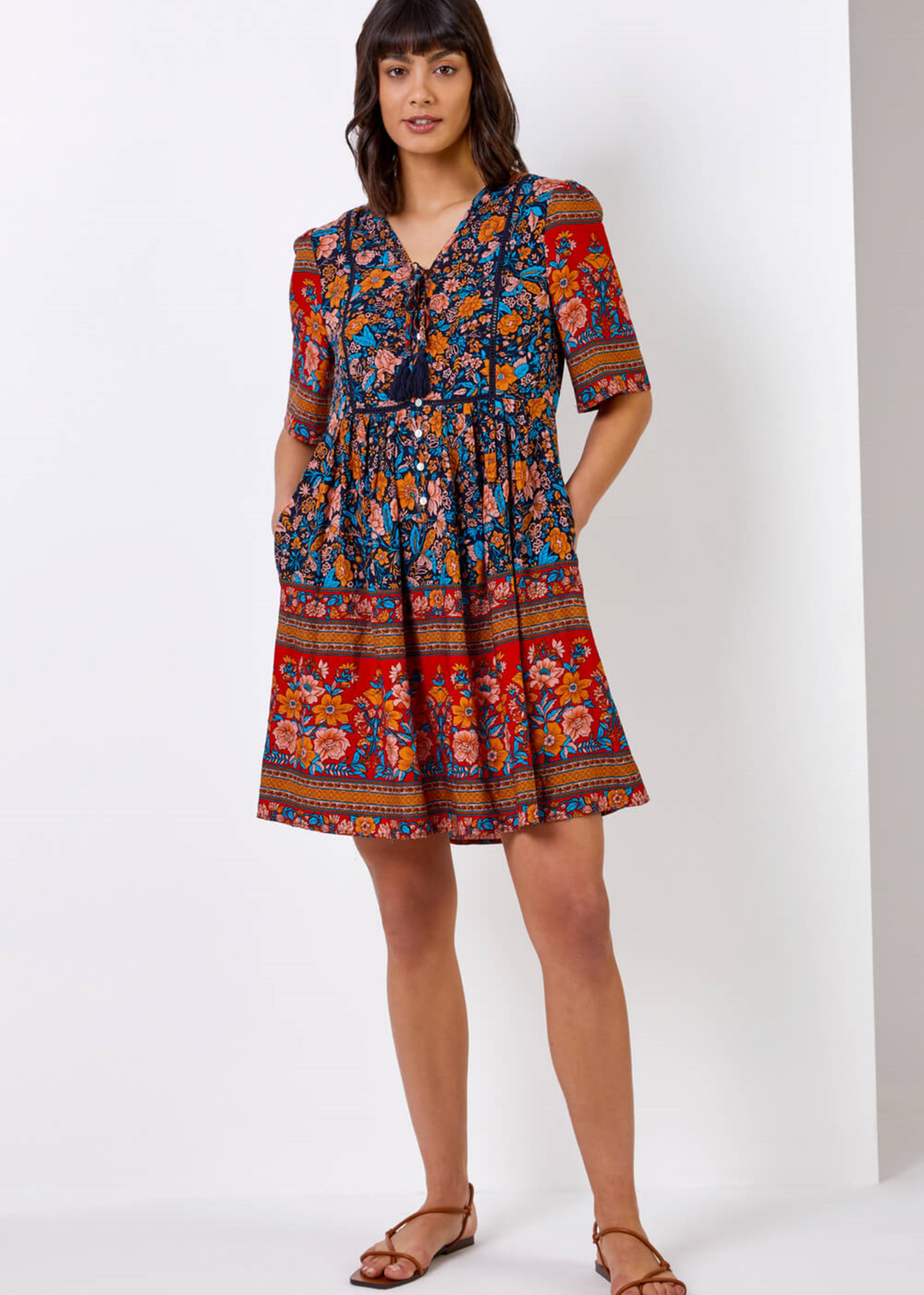 Roman Blue Floral Tie Detail Tiered Dress - 6 Image 3
