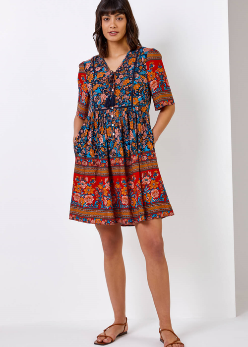 Roman Blue Floral Tie Detail Tiered Dress - 6 Image 3