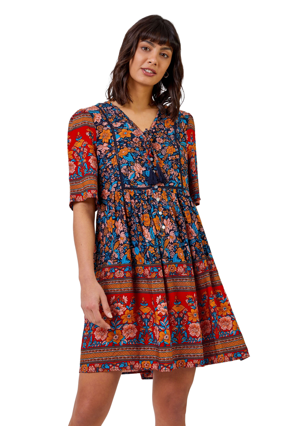 Roman Blue Floral Tie Detail Tiered Dress - 6 Image 1