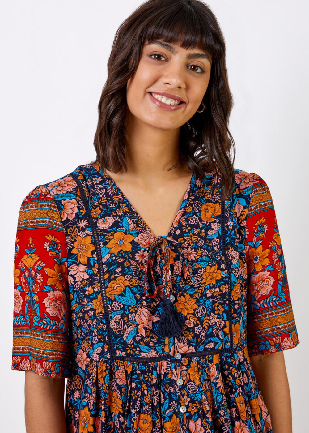 Roman Blue Floral Tie Detail Tiered Dress - 6 Image 4