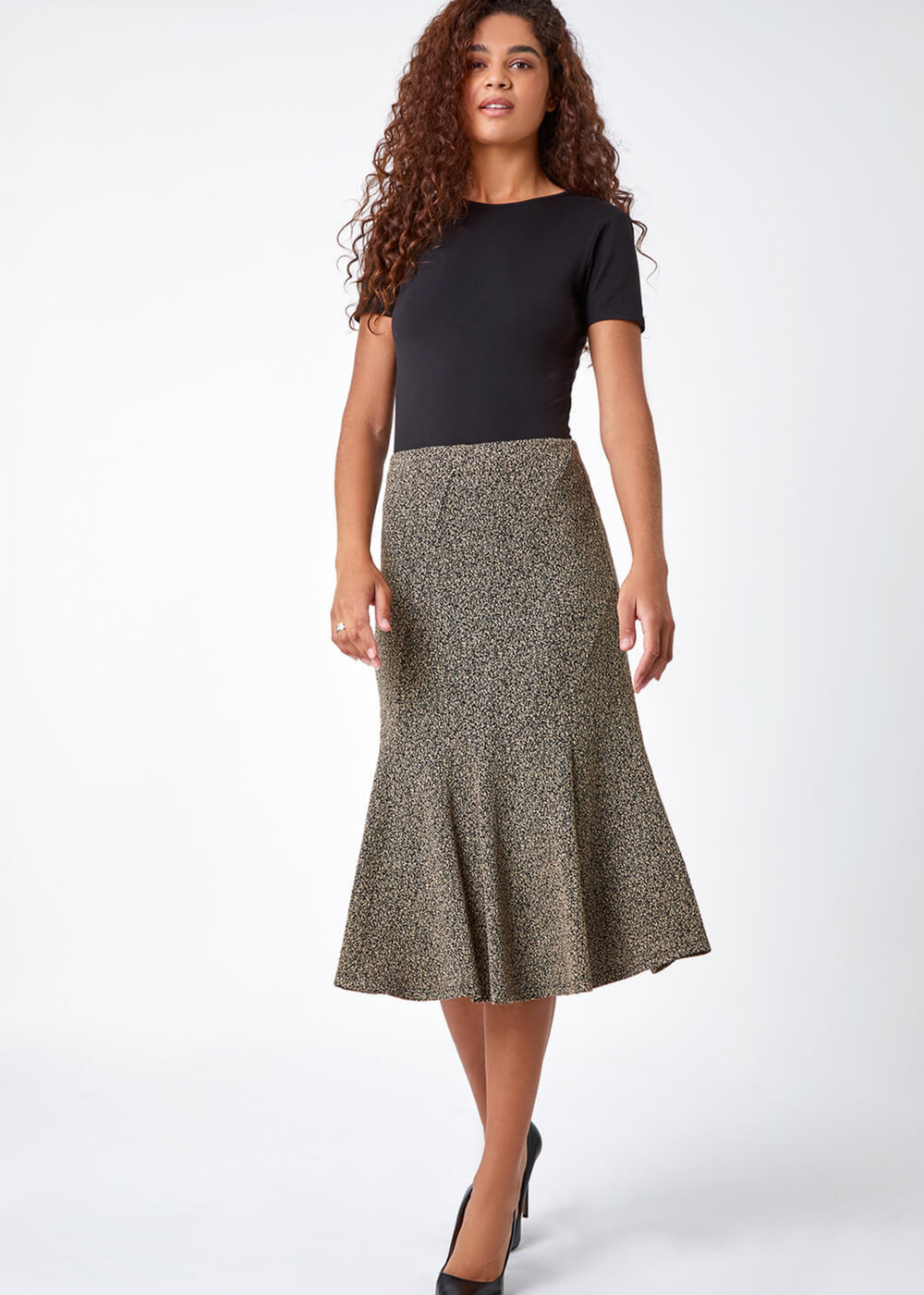 Roman Camel Flared Textured Midi Elastic Waist Skirt - Size 10 Image 4