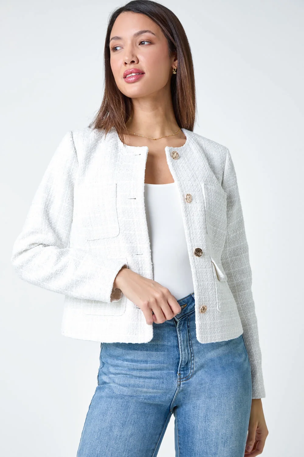 Roman Ivory Collarless Boucle Jacket - 10 Image 1