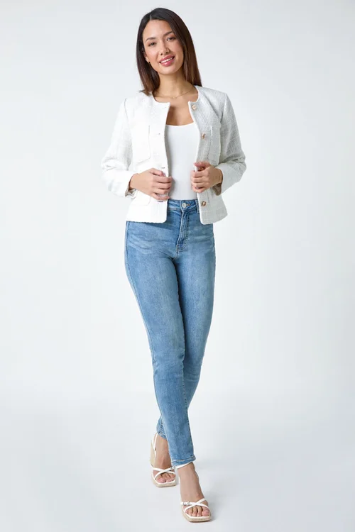 Roman Ivory Collarless Boucle Jacket - 10 Image 2