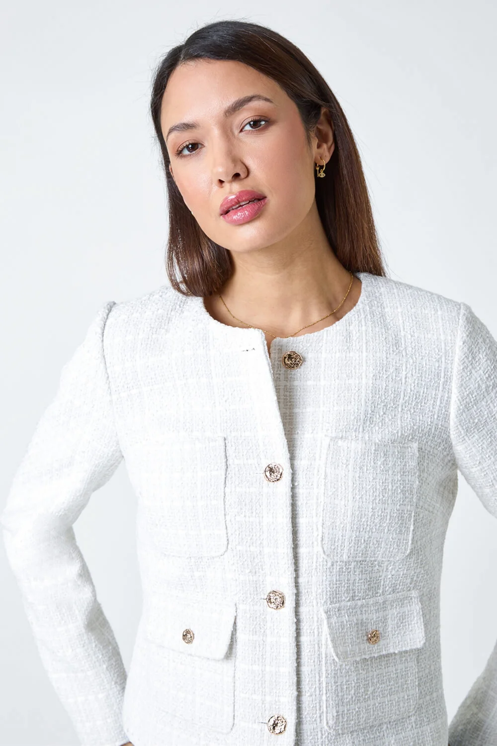 Roman Ivory Collarless Boucle Jacket - 10 Image 4