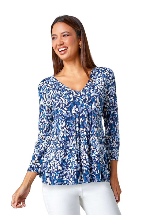Roman Navy Leaf Print V-Neck Pintuck Tunic Swing Top - Size 18 Image 3