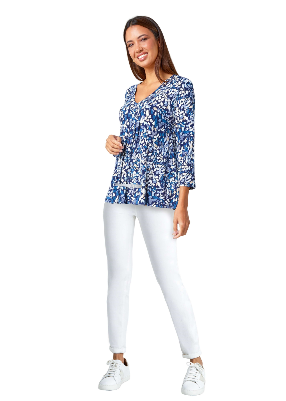 Roman Navy Leaf Print V-Neck Pintuck Tunic Swing Top - Size 18 Image 1
